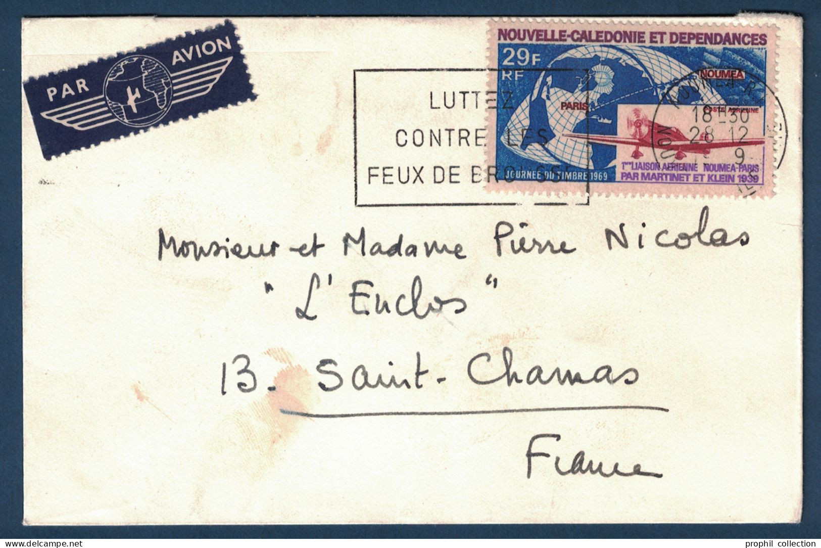 TIMBRE POSTE AÉRIENNE N° 102 De NOUVELLE CALÉDONIE SEUL Sur LETTRE PAR AVION FLIER NOUMÉA 1969 Pour LA FRANCE - Brieven En Documenten