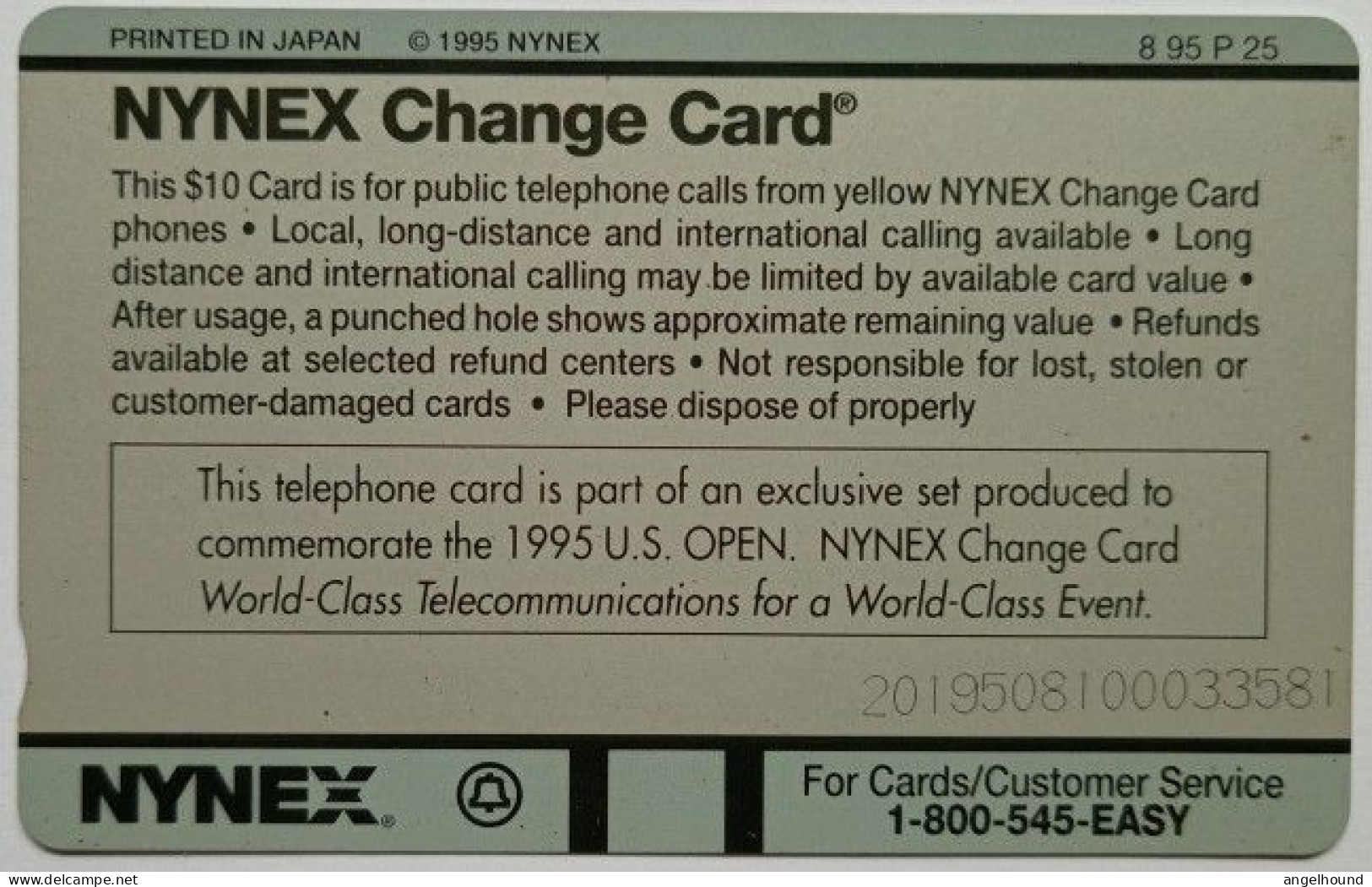 USA Nynex Mint Tamura $10 " US Open '95 - Schede Magnetiche