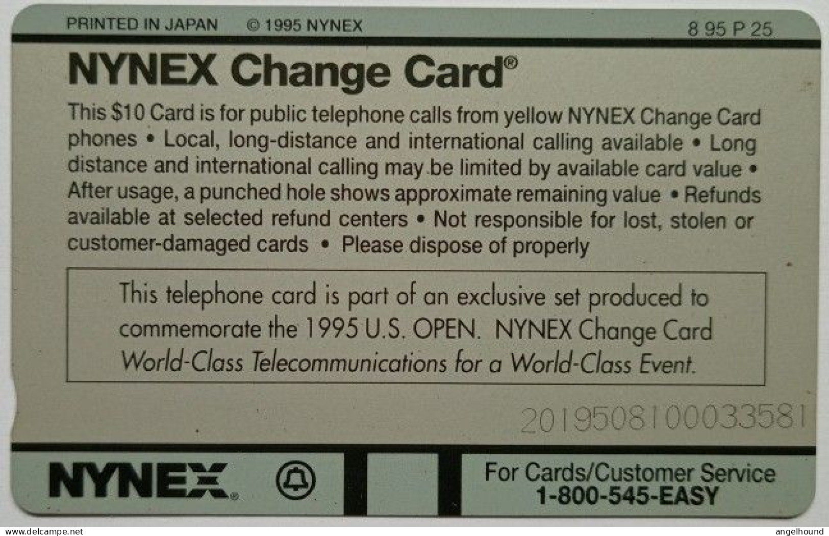 USA Nynex Mint Tamura $10 " US Open '95 - Cartes Magnétiques