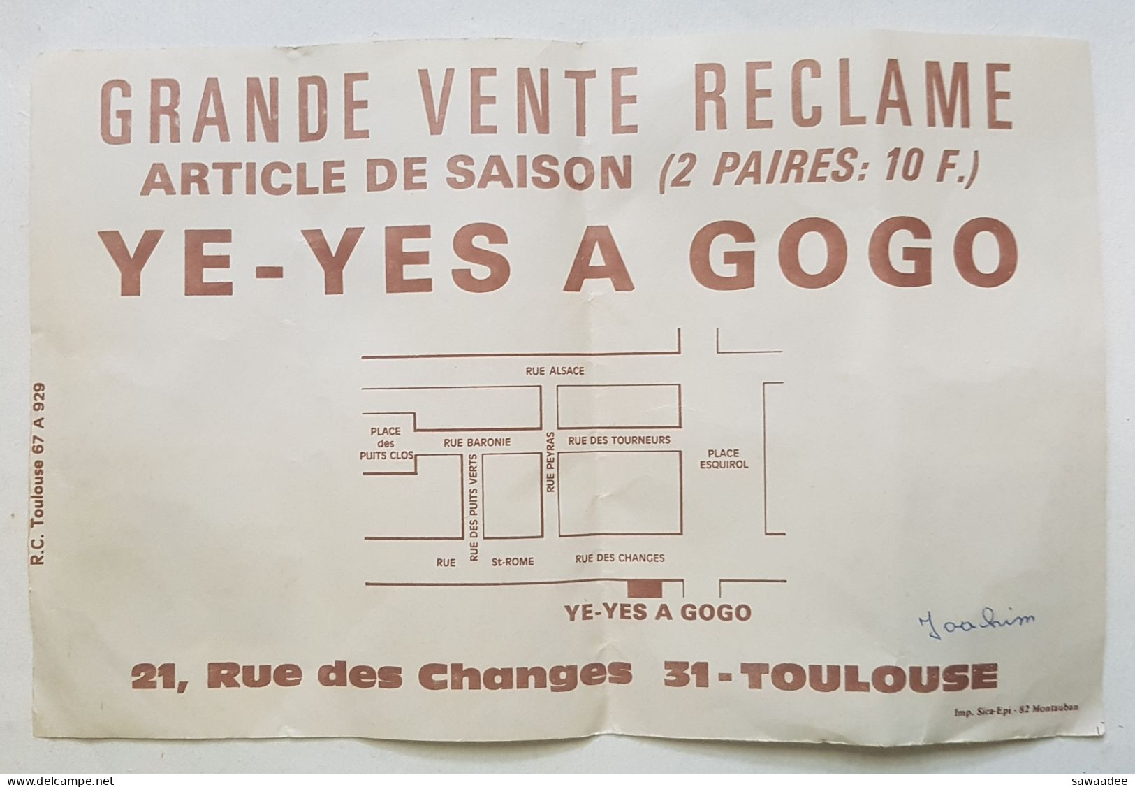 TRACT PUBLICITAIRE - FRANCE - BILLET 100 FRANCS CORNEILLE  ANNEE 60/70 - GRANDE VENTE RECLAME "YE-YES A GOGO" - TOULOUSE - Specimen