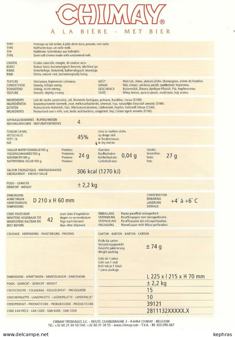 CHIMAY  - POSTER PUBLICITE - Format A4 - Recto-Verso - Fromage De Chimay - A La Bière - Manifesti