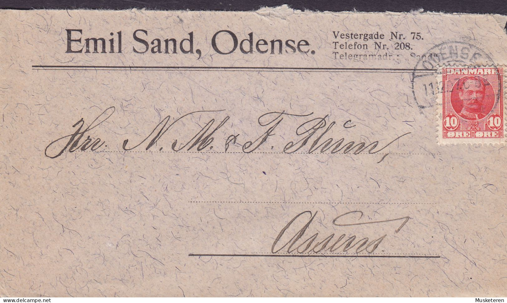 Denmark EMIL SAND, Brotype Ia ODENSE 1907 'Petite' Cover Brief ASSENS (Arr.) Fr. VIII. Stamp (2 Scans) - Storia Postale