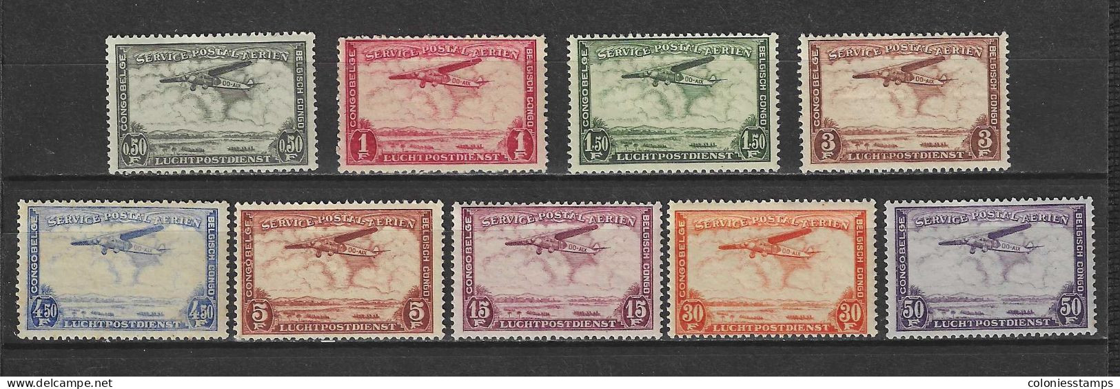 (S0211) BELGIAN CONGO, 1934 (Air Post. Fokker F VII). Complete Set. Mi ## 147-155. MNH** / MLH* / MH* - Unused Stamps