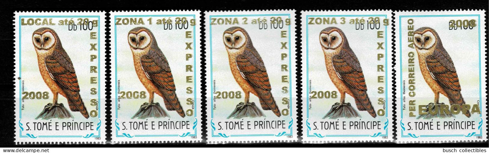 S. Tomé & Principe 2009 Mi. 3963 - 3966 + 3968 Oiseaux Birds Vögel Chouette Eule Owl Faune Fauna Overprint Surcharge 5v. - Sao Tome Et Principe