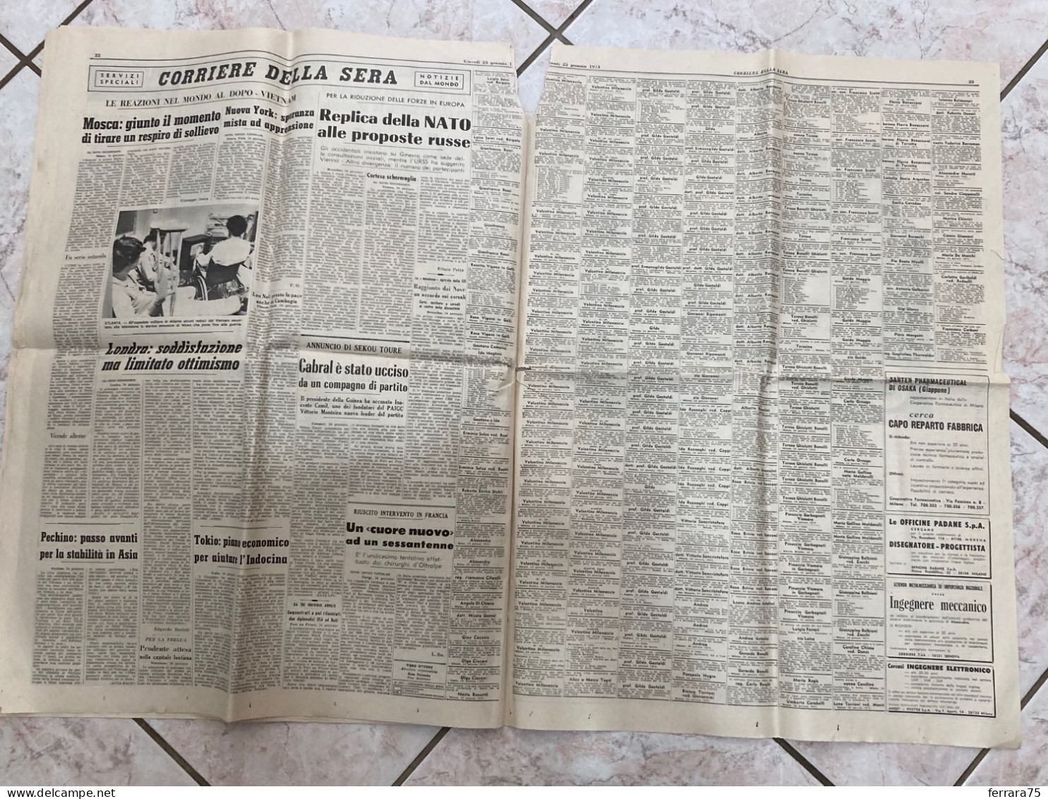 CORRIERE DELLA SERA VIETNAM SAIGON INDOCINA APOCALISSE PACE 25 GENNAIO 1973.