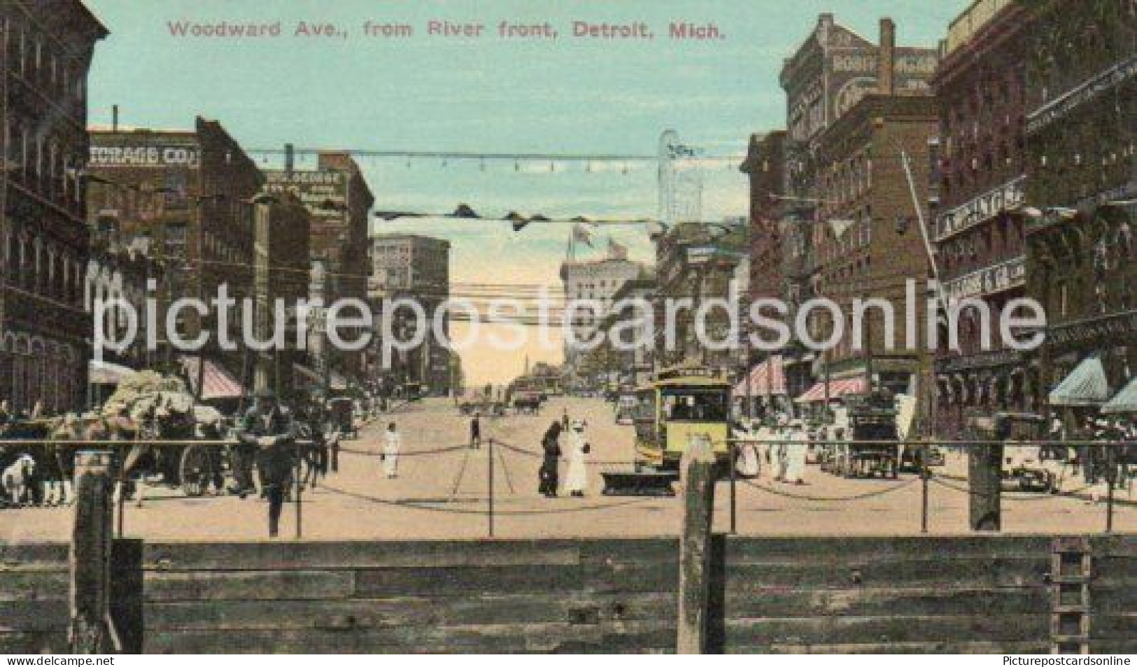 WOODWARD AVENUE FROM RIVER FRONT OLD COLOUR POSTCARD DETROIT USA AMERICA TRAM - Detroit