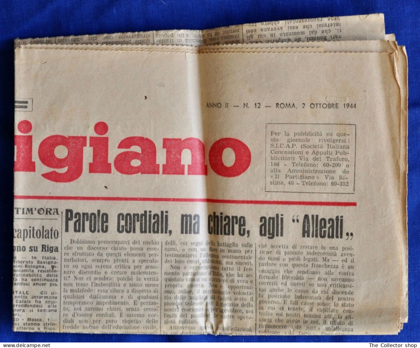 Giornale "IL PARTIGIANO" del 2 ottobre 1944