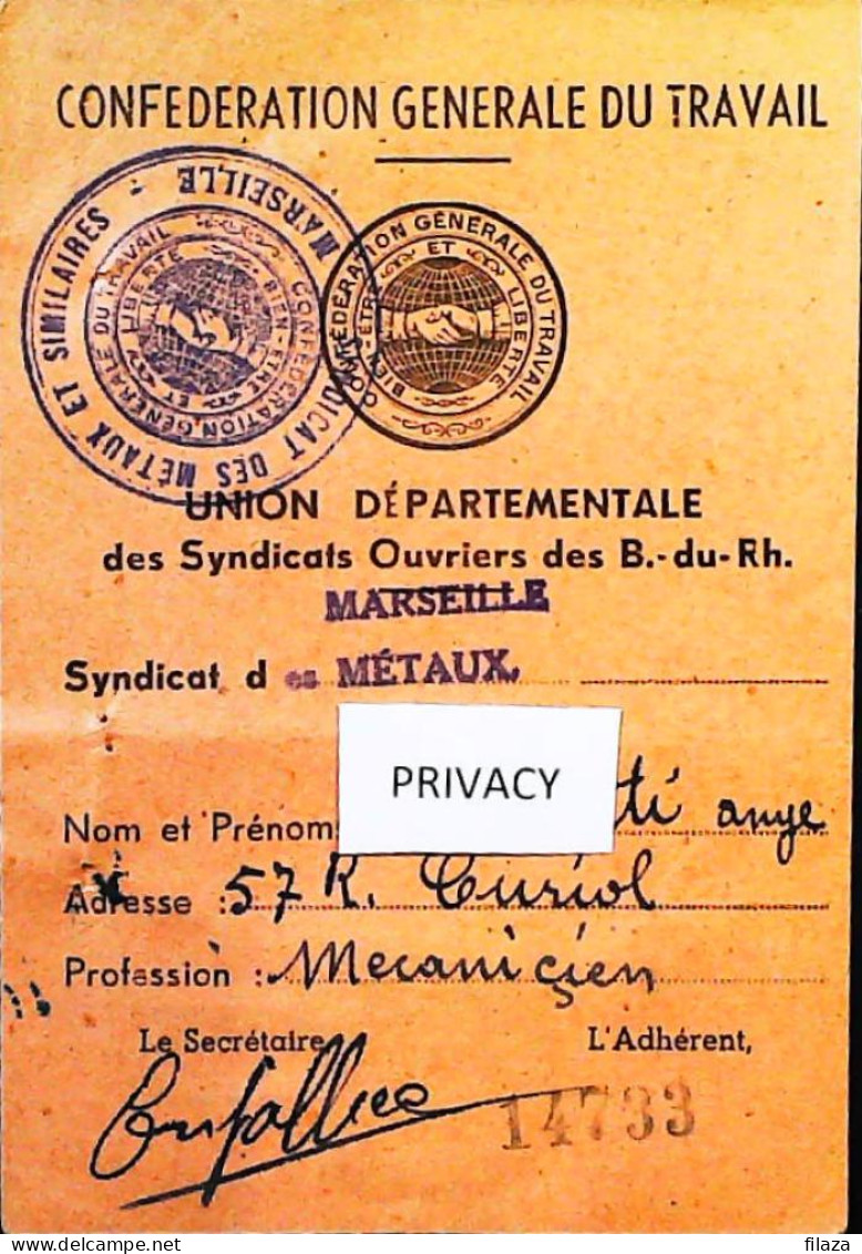 WW2 – 1944 Tessera - Confederation Generale Du Travail - Marseille - Italiano - S2085 - Documents