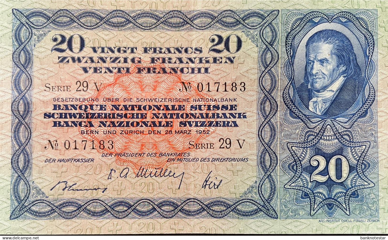 Switzerland 20 Franken, P-39t (28.03.1952) - Very Fine Plus - LAST DATE - Sign. 31 - Schweiz