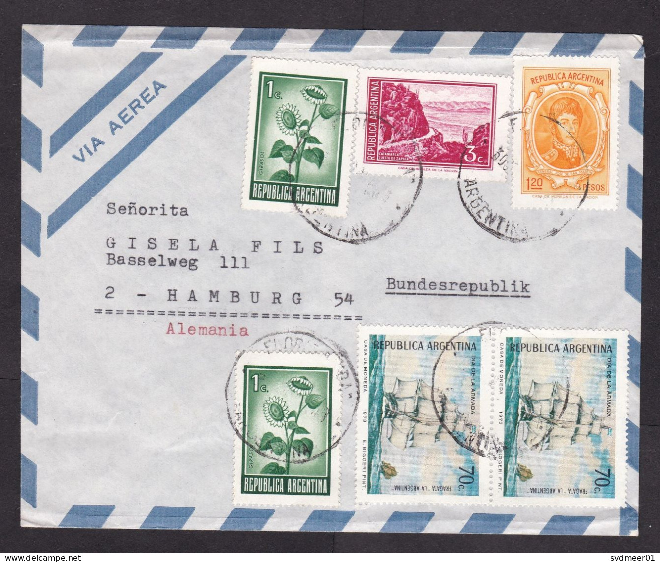 Argentina: Airmail Cover To Germany, 1970s, 6 Stamps, Sailing Ship, Naval History, Sunflower, Road (minor Crease) - Covers & Documents