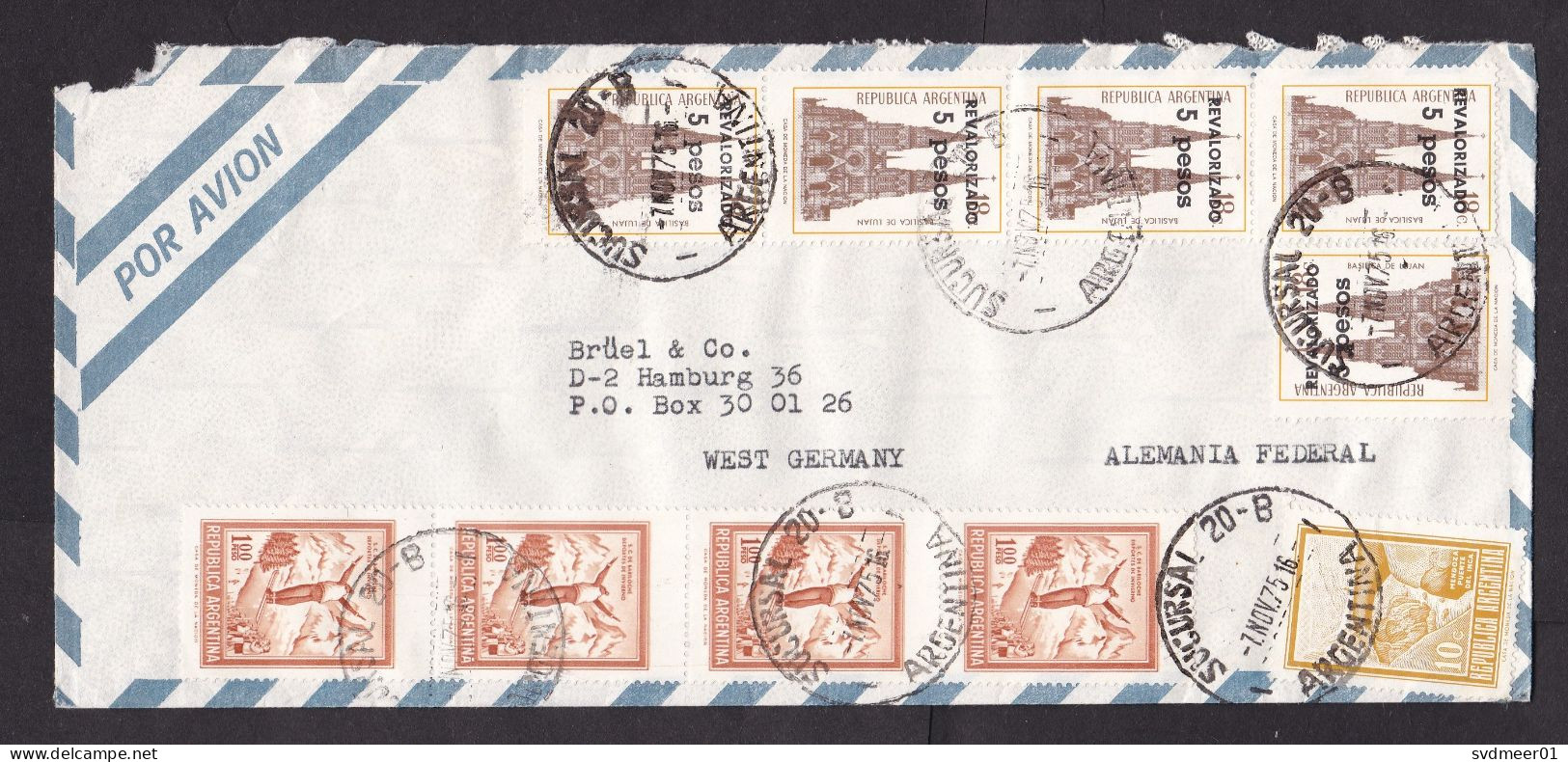 Argentina: Airmail Cover To Germany, 1975, 10 Stamps, Value Overprint, Church, Ski Jumping, Winter Sports (damaged) - Briefe U. Dokumente