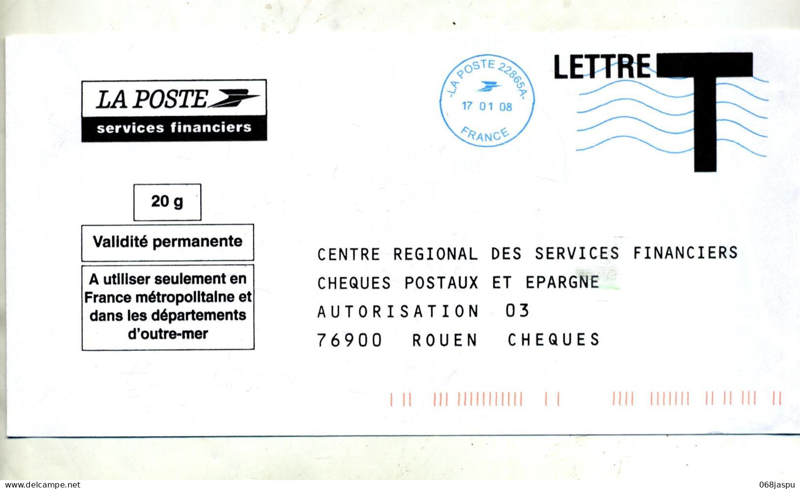 Lettre Reponse T Cheque Poste Flamme Neopost - Cartes/Enveloppes Réponse T