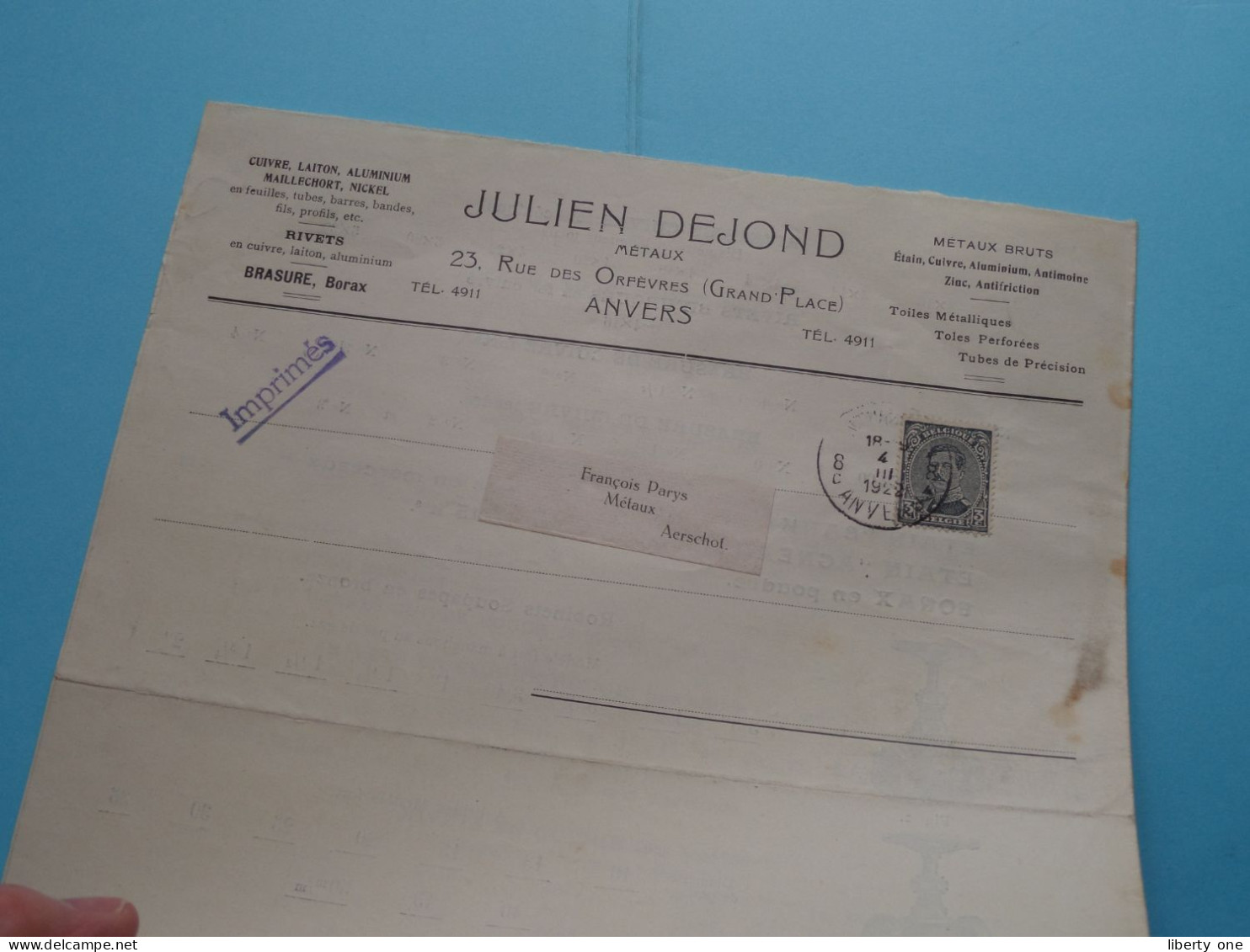 JULIEN DEJOND (Metaux ) Rue Des Orfèvres 23 ( Grand Place ) ANVERS ( Depliant / Prijslijst ) 1922 ( Zie/Voir Scan ) ! - Werbung