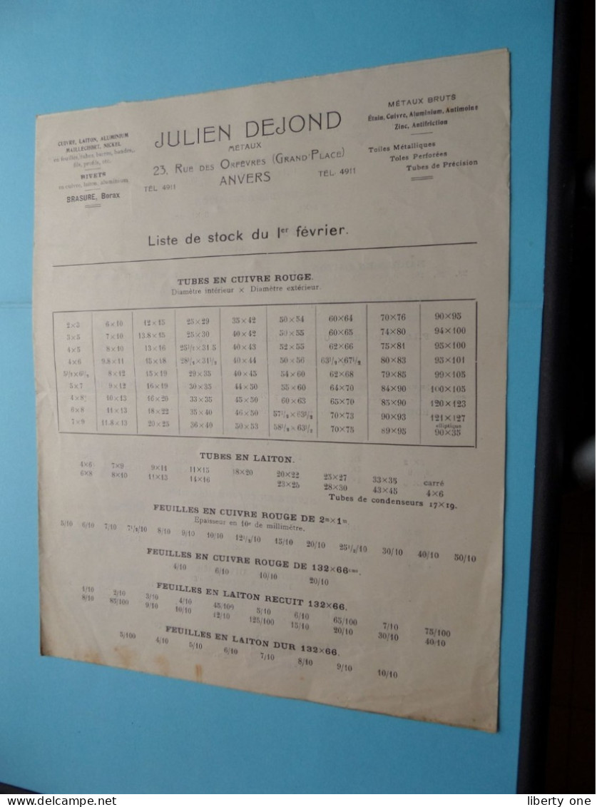 JULIEN DEJOND (Metaux ) Rue Des Orfèvres 23 ( Grand Place ) ANVERS ( Depliant / Prijslijst ) 1922 ( Zie/Voir Scan ) ! - Publicités