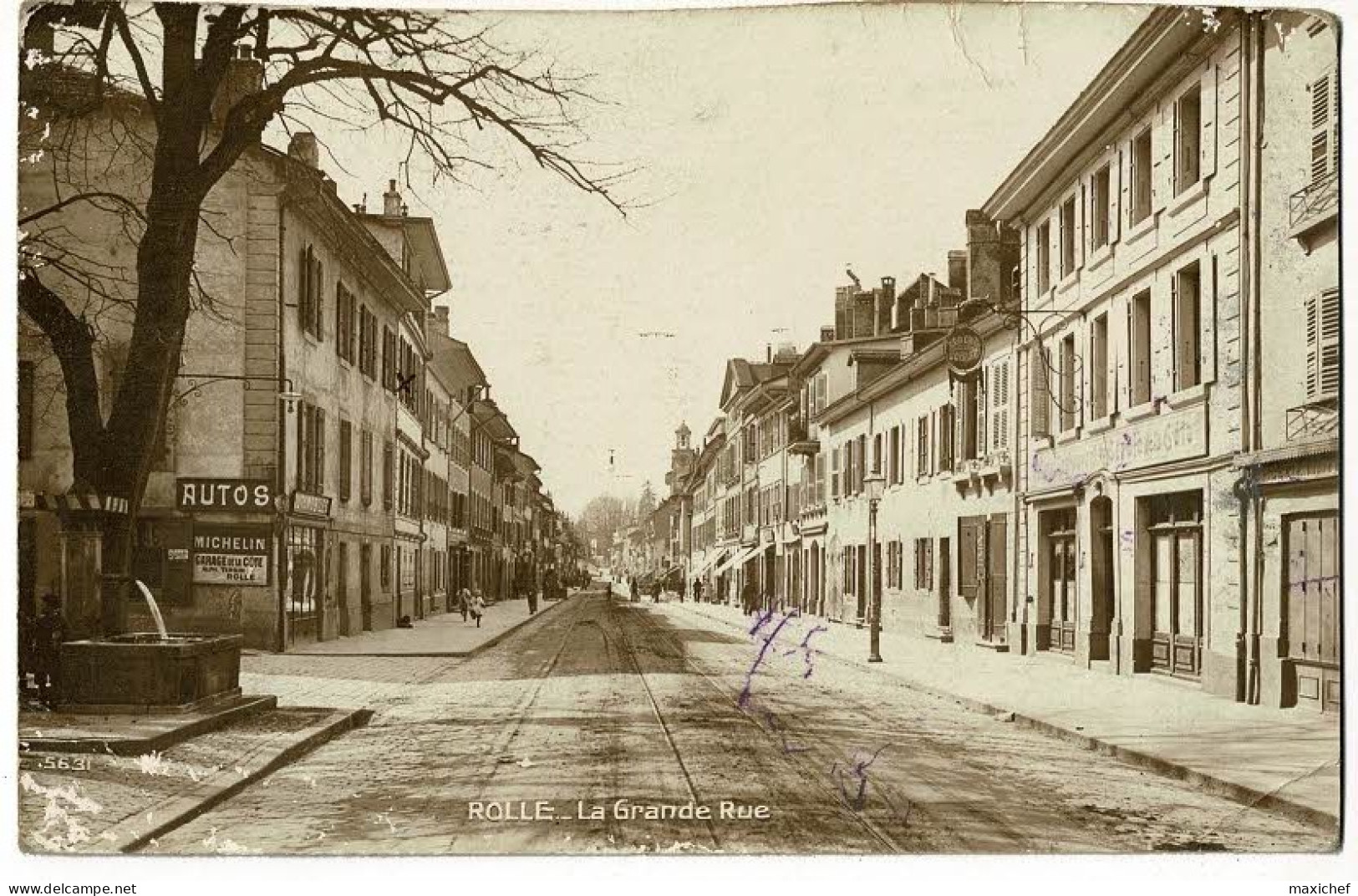 Rolle - La Grande Rue (Fontaine, Cercle De La Côte, Garage De La Côte, Alfred Tersin, Publicité Michelin) Circ 1915 - Rolle