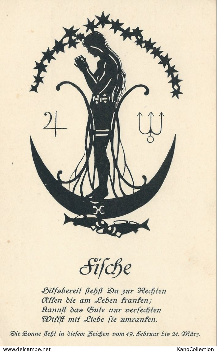 Sternzeichen Fische, Scherenschnittkarte Astrologischer Verlag Wilhelm Becker Berlin-Steglitz, Nicht Gelaufen - Silhouettes