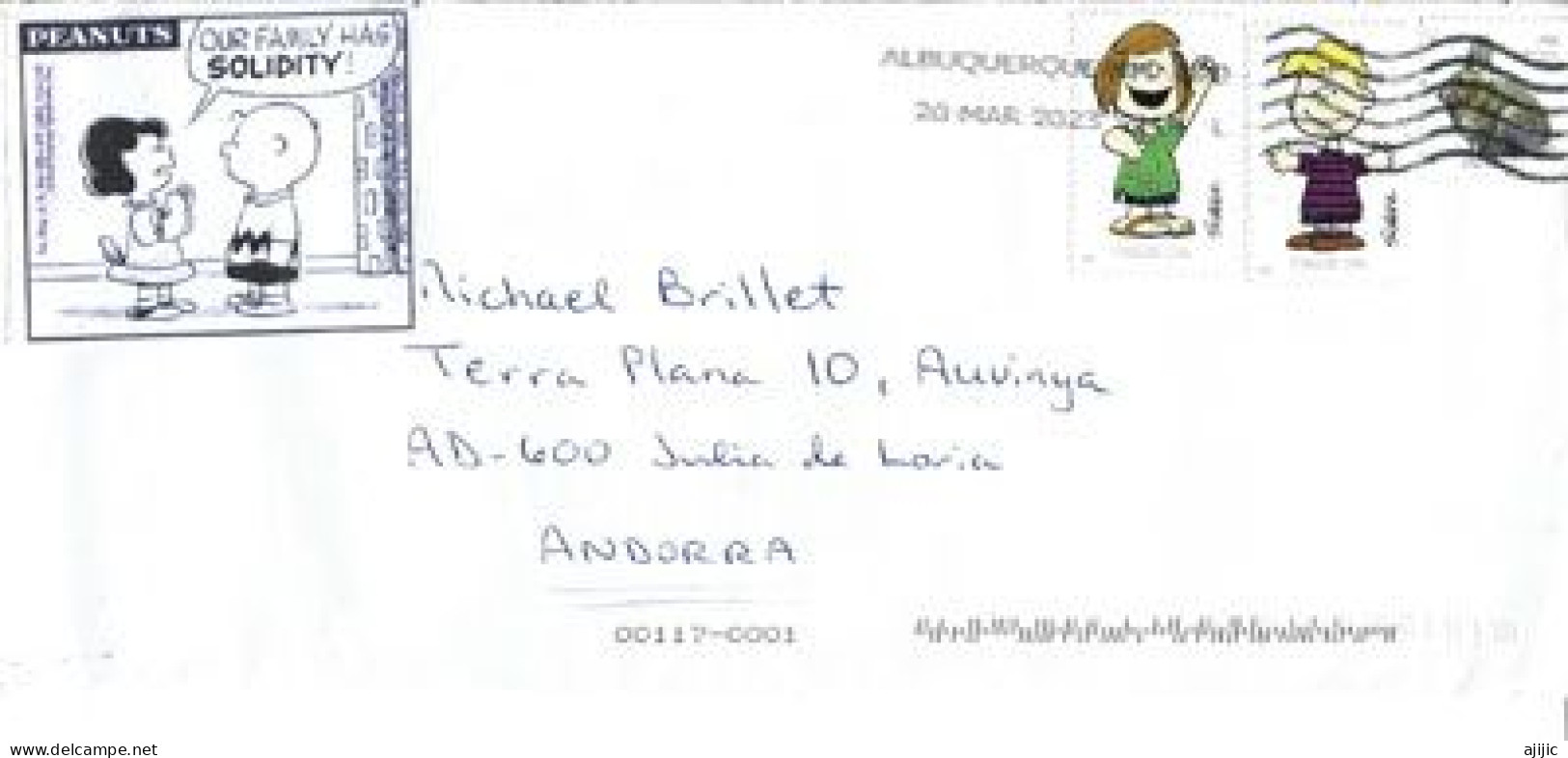 Comic Strip. "The Peanuts" Stamps By American Cartoonist Charles Monroe Schulz, On Letter Addressed To Andorra - Brieven En Documenten