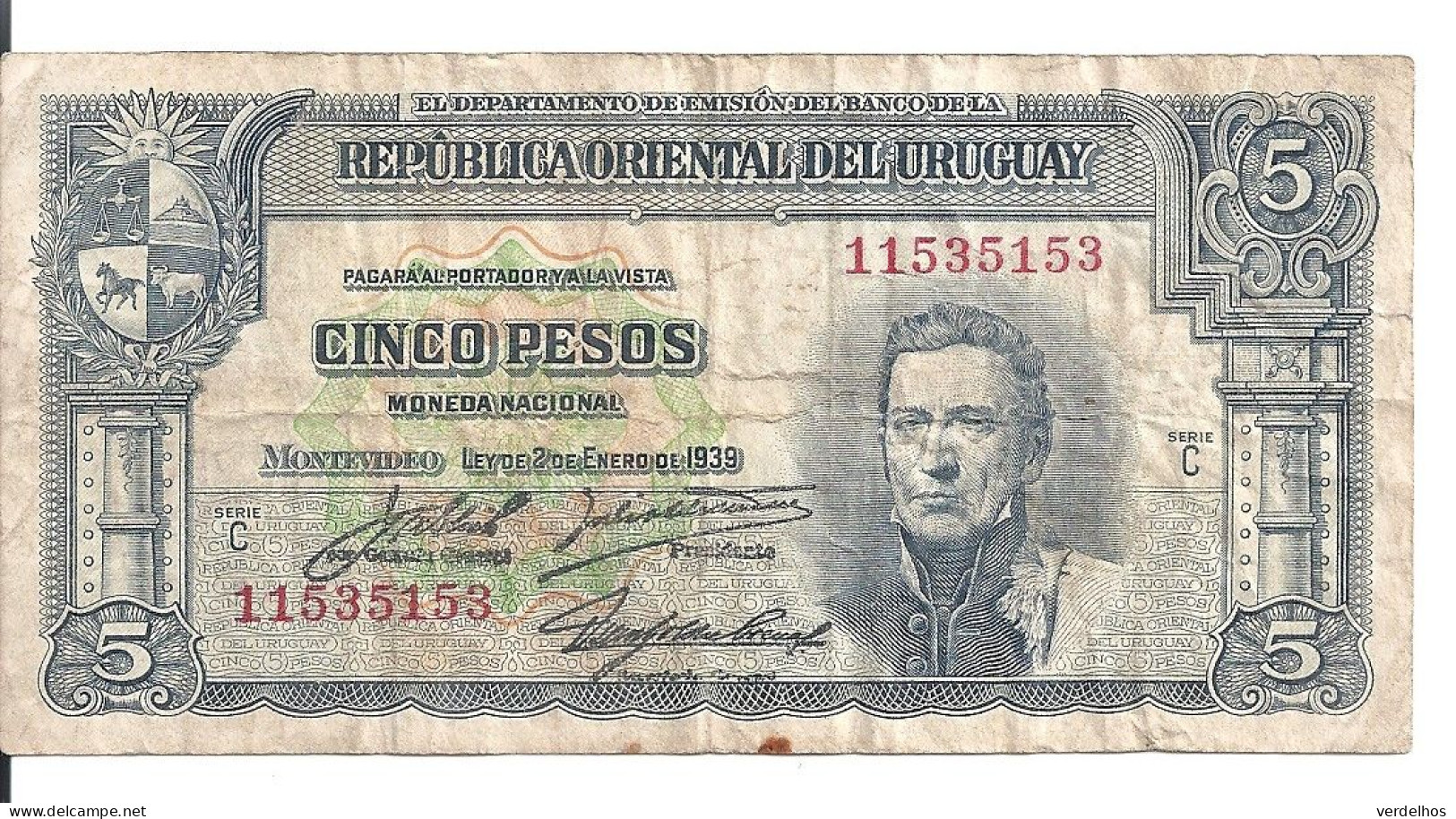 URUGUAY 5 PESOS L.1939 VF P 36 B - Uruguay