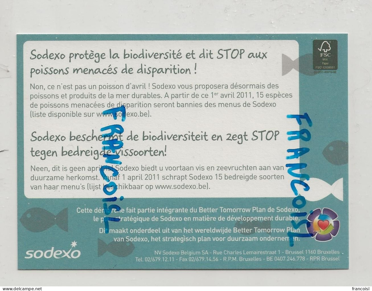 Carte Boomerang. Publicité Pour SODEXO. Stop Aux Poissons Menacés De Disparition. 2001 - Santé