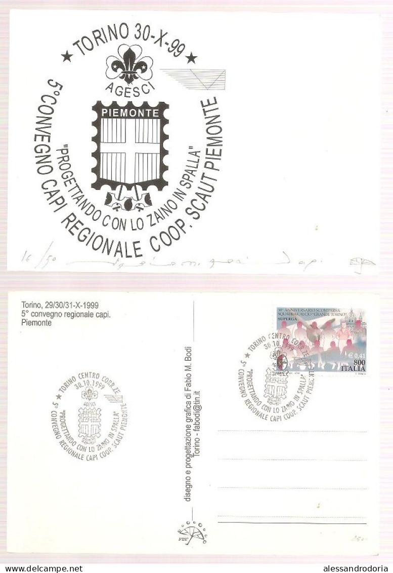 Cartolina Torino 29/30/31-X-1999 5° Convegno Regionale Coop. Scaut Piemonte Francobollo 50° Scomparsa Superga Torino 800 - Verzamelingen