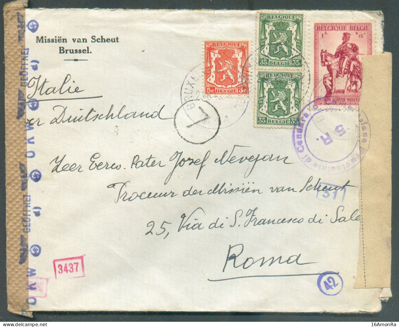 N°419-425(2)-587 Obl.sc BRUXELLES 1 Sur Lettre Censurée (bande Et Cachets Allemands) Du 23-08-1942 + Bande Et Cachet De - Storia Postale