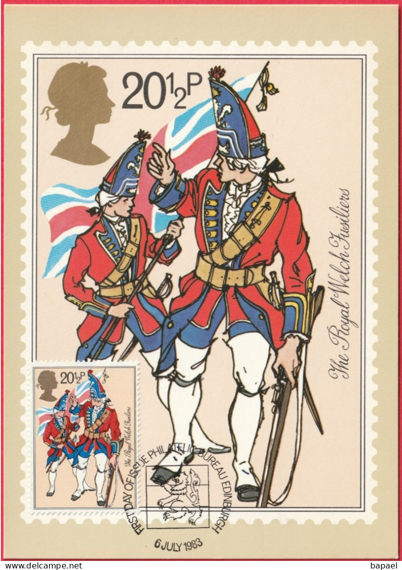 Carte Maximum (FDC) - Royaume-Uni (Écosse-Édimbourg) (6-7-1983) - Armée Britannique (Royal Welch Fusiliers) (Rect-Verso) - Cartas Máxima