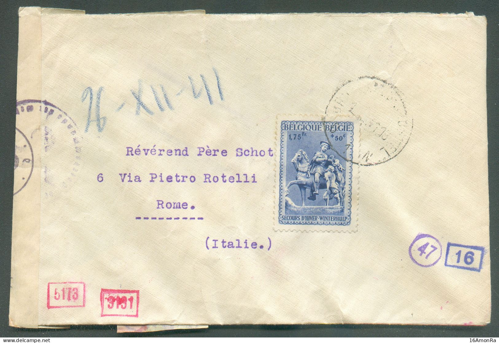 N°589 Obl.sc BRUXELLES 1 Sur Lettre Censurée (bande Et Cachets Allemands) Du 1-11-1941 Vers Rome - 20212 - Cartas & Documentos