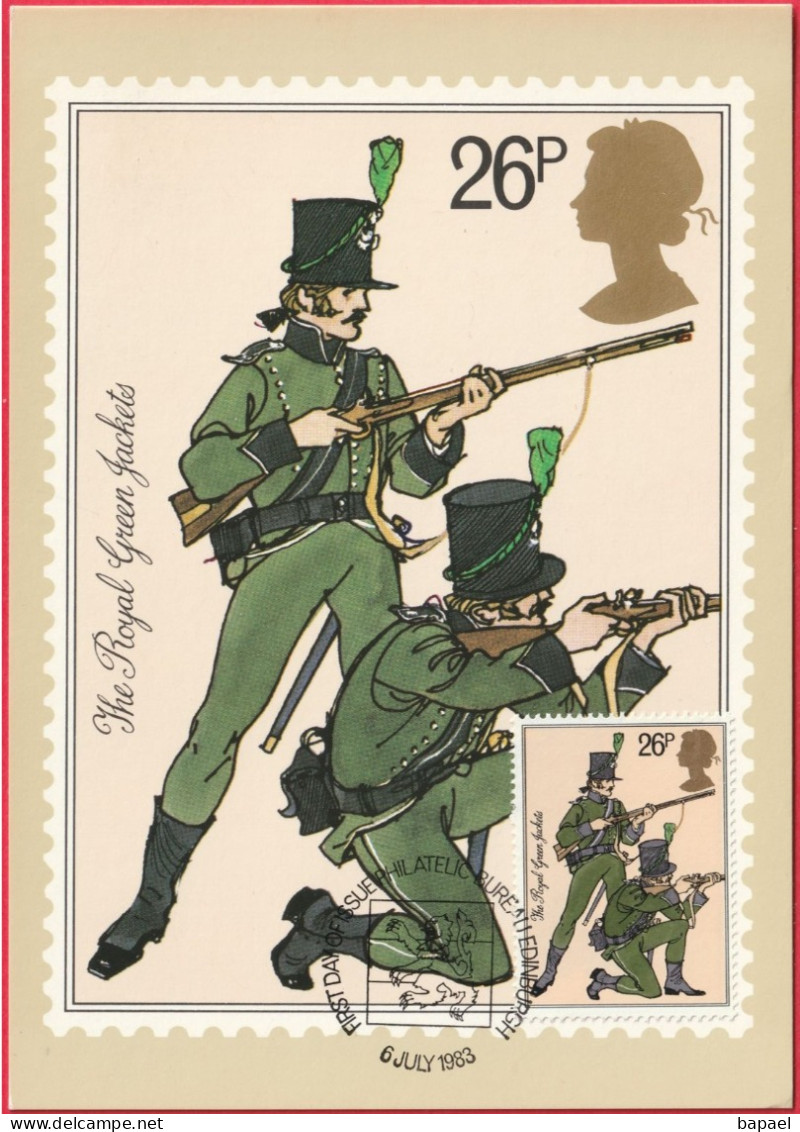 Carte Maximum (FDC) - Royaume-Uni (Écosse-Édimbourg) (6-7-1983) - Armée Britannique (Vestes Vertes Royales) (Rect-Verso) - Maximum Cards
