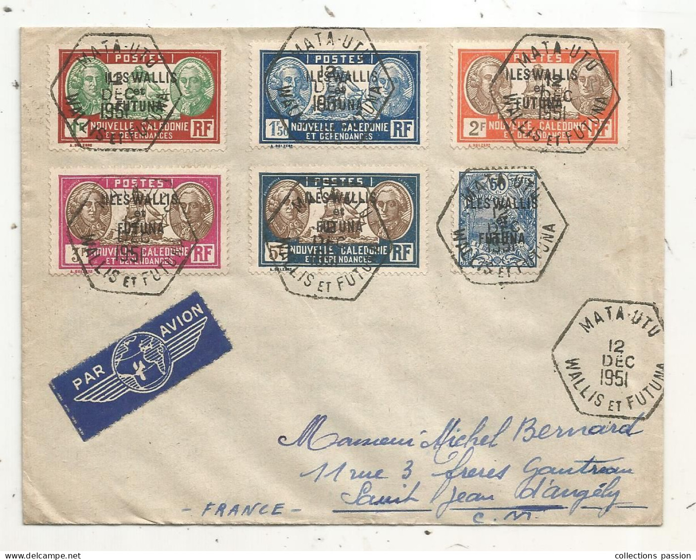 Lettre, WALLIS ET FUTUNA, MATA-UTU, 12 DEC 1951, Nouvelle Calédonie Et Dépendances, 6 Timbres - Cartas & Documentos