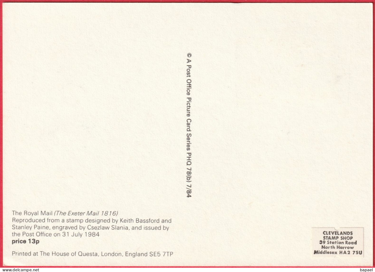 Carte Maximum (FDC) - Royaume-Uni (Écosse-Édimbourg) (31-7-1984) - Courrier Royal (Courrier D'Exeter 1816) (Recto-Verso) - Maximumkaarten