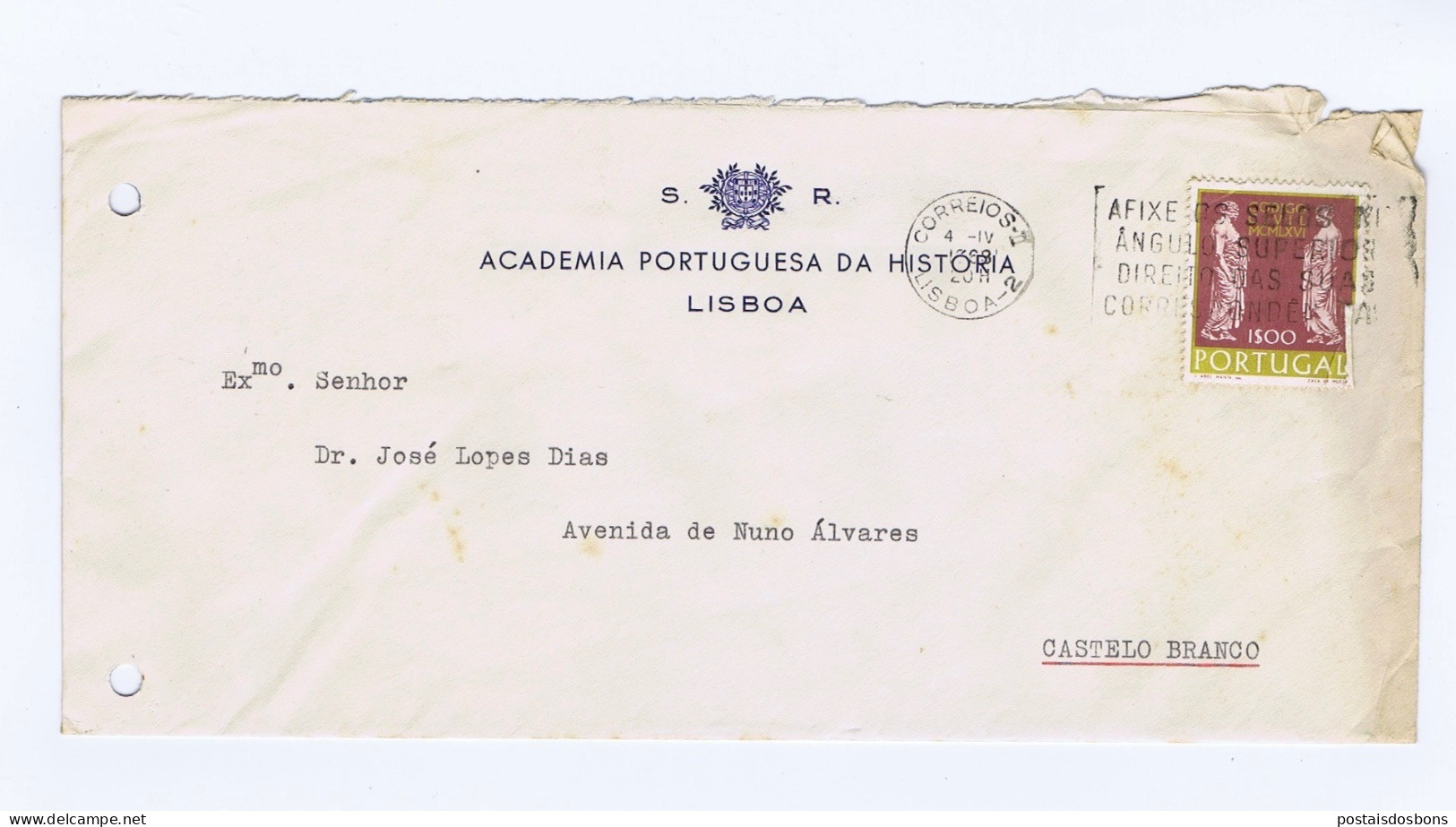 C25A39) Portugal 1968 ACADEMIA PORTUGUESA DA HISTÓRIA > DR, LOPES DIAS Castelo Branco - Lettres & Documents