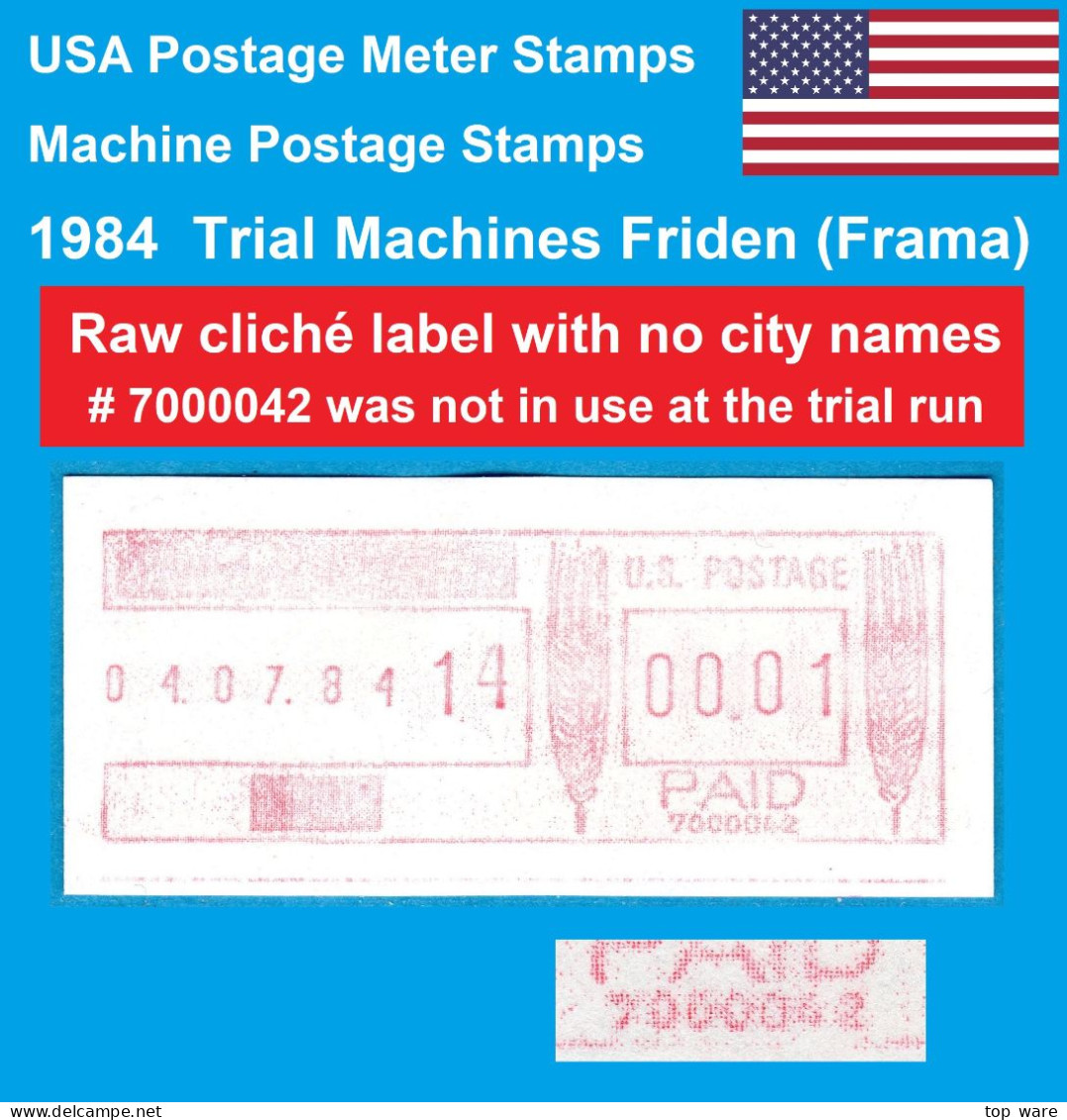 USA 1984 ATM Meter STAMPS FRIDEN (FRAMA) Trial Issue Raw Cliche No City Names #7000042 / 00.01 MNH CVP Automatenmarken - Machine Labels [ATM]