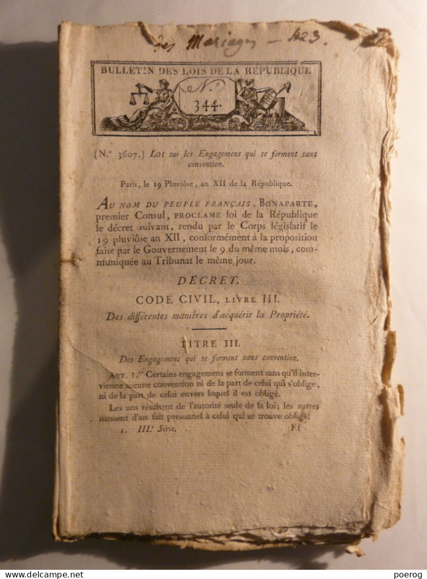 BULLETIN DES LOIS De 1804 - CONTRAT DE MARIAGE ET DROITS DES EPOUX - ENGAGEMENT SANS CONVENTION - Decrees & Laws