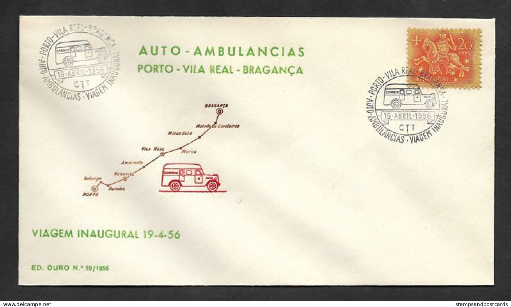 Portugal Cachet 1956 Inauguration Ambulance Postal Ambulância Porto Vila Real Bragança Event Postmark Inauguration TPO - Flammes & Oblitérations