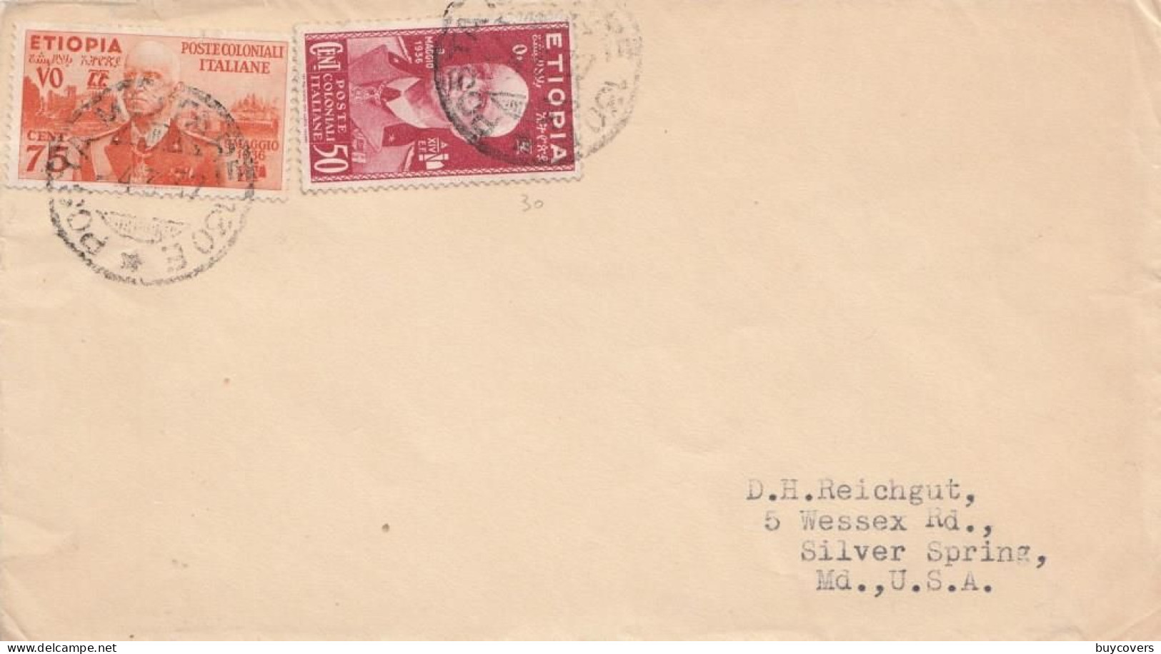 CO23 - ETIOPIA - Busta Del 1937 Da POSTA MILITARE 130E  A Silver Spring (USA) Con Cent 50 Carminio E Cent . 75 Giallo - Aethiopien