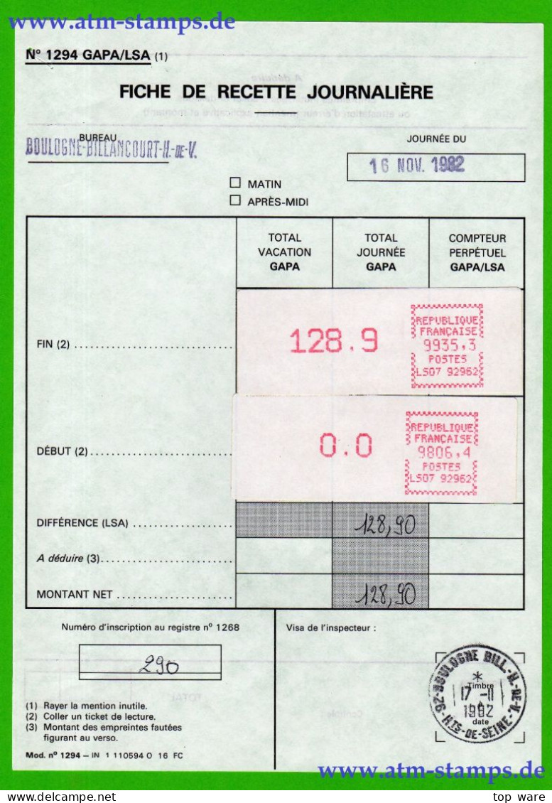 France LSA LS07 92962 * FICHE DE RECETTE JOURNALIÈRE 16.11.1982 * Prototype Timbre Distributeur ATM Automatenmarken - 1981-84 LS & LSA Prototypen