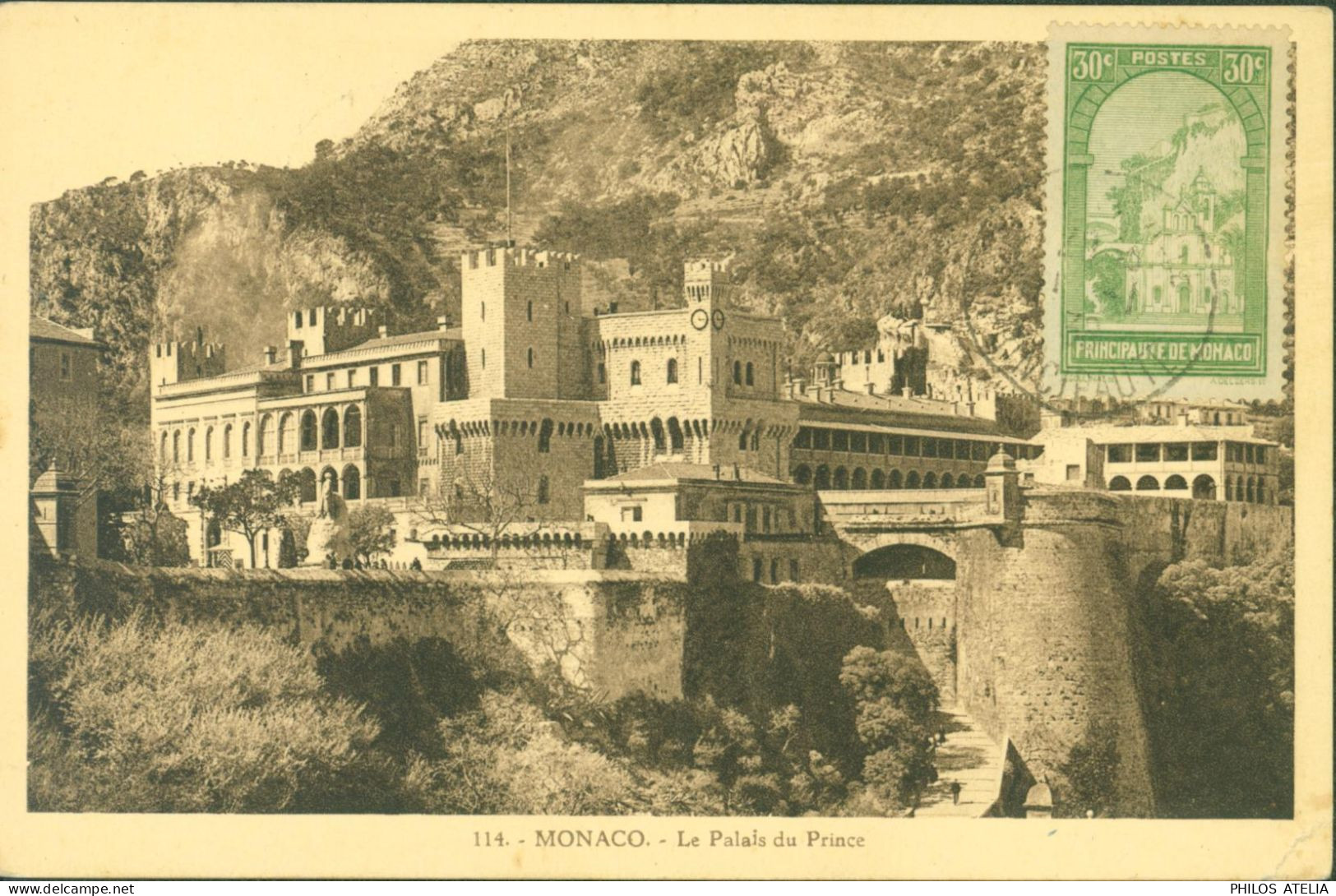 Monaco CPA Le Palais Du Prince YT N° 122 Ravin église Ste Dévote CAD Jour De L'an 1 1 1938 Monaco - Cartas & Documentos