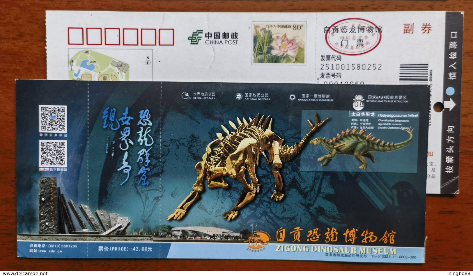 Huayangosaurus Taibaii Dinosaur Bone Fossil,China 2015 Zigong Dinosaur Museum Admission Ticket Advert Pre-stamped Card - Fossielen