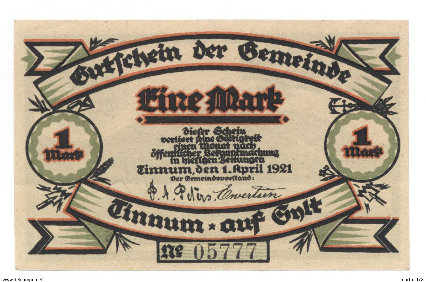 Notgeld Tinnum Auf Sylt Gutschein Der Gemeinde Eine Mark 1921 - Sammlungen