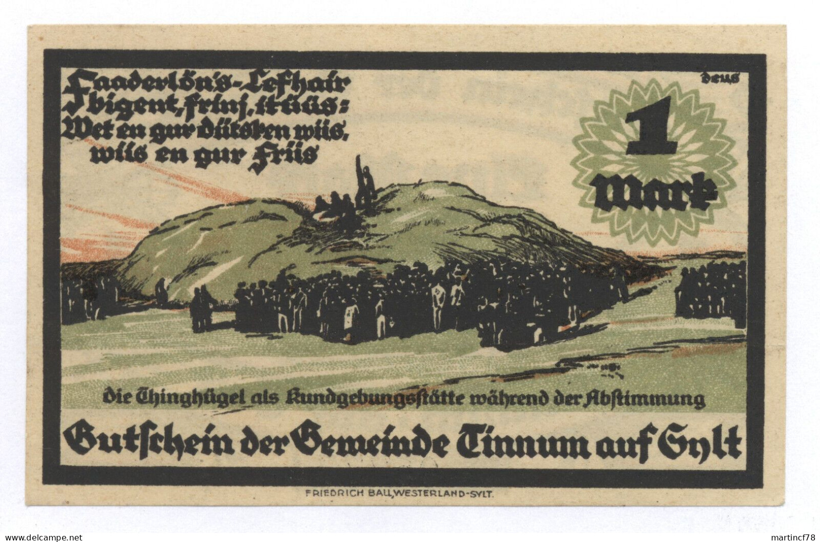 Notgeld Tinnum Auf Sylt Gutschein Der Gemeinde Eine Mark 1921 - Verzamelingen