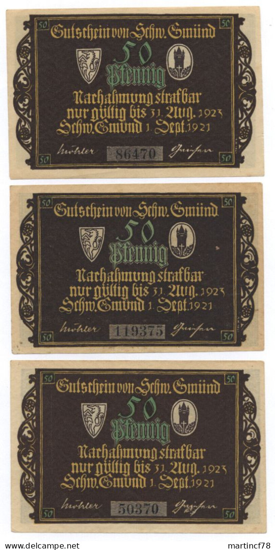 3x Notgeld Gutschein Von Schw. Gmünd 50 Pfennig 1921 - Collections