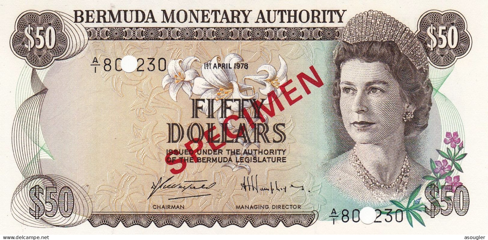 Bermuda 50 Dollars 1978 SPECIMEN UNC P-32bs "free Shipping Via Registered Air Mail" - Bermudes