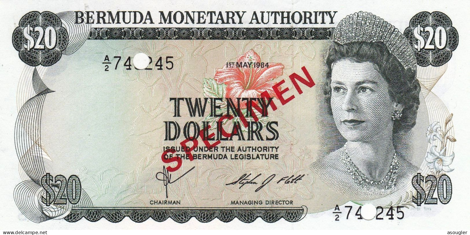 Bermuda 20 Dollars 1984 SPECIMEN UNC P-31cs "free Shipping Via Registered Air Mail" - Bermudas