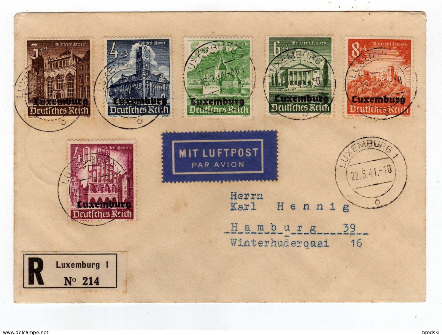 LUXEMBURG 1941 Cover; Luxemburg To Hamburg; Airmail Luftpost Registered Recommandé  Reco R - 1940-1944 Duitse Bezetting