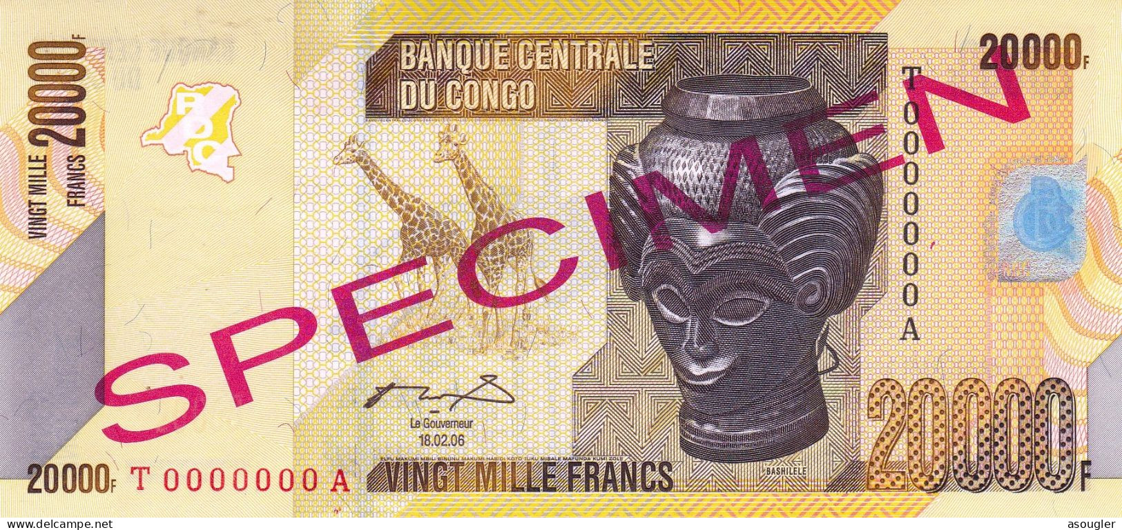 Democratic Republic Of The Congo 20000 Francs 2006 (2012) SPECIMEN UNC P-104s "free Shipping Via Registered Air Mail" - Democratic Republic Of The Congo & Zaire