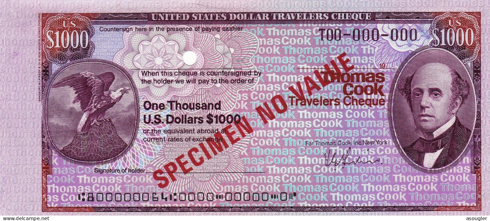 USA 1000 DOLLARS SPECIMEN THOMAS COOK TRAVELERS CHEQUE 1978-1979 "free Shipping Via Registered Air Mail" - Zu Identifizieren