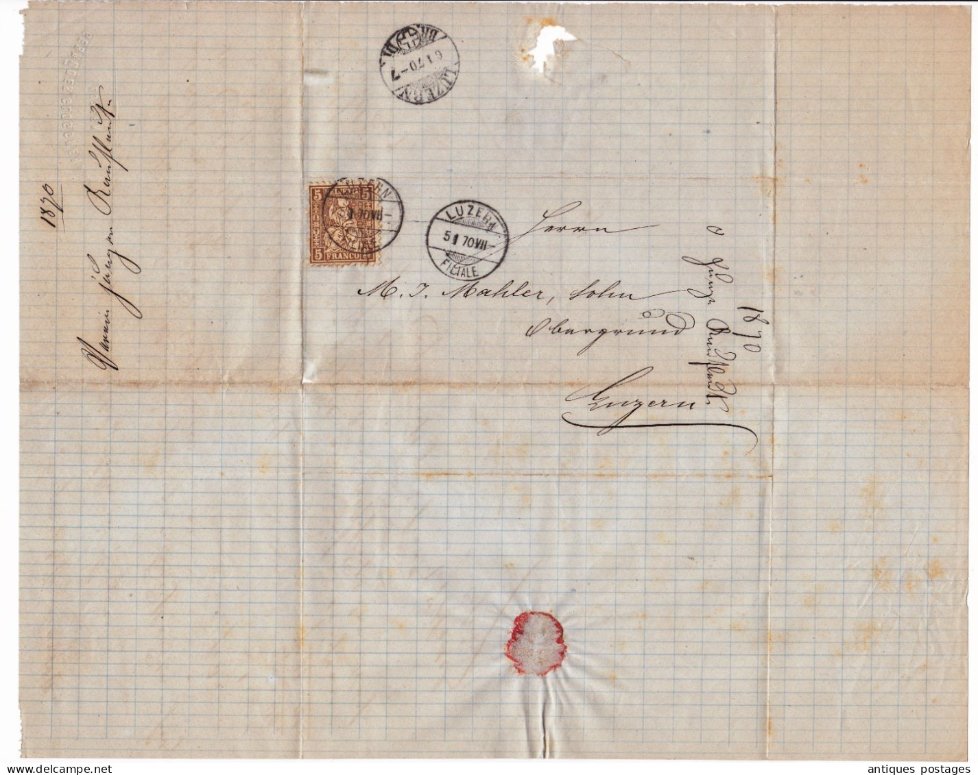 Lettre 1870 Luzern Gebrüder Gloggner & Cie Suisse Schweiz Lucerne Mahler Sohn Timbre Helvetia Assise