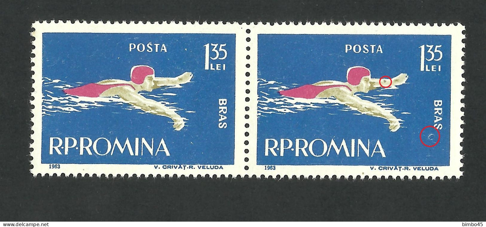 Error   Romania 1963  Sport - Swimming  Pair  MNH - Varietà & Curiosità