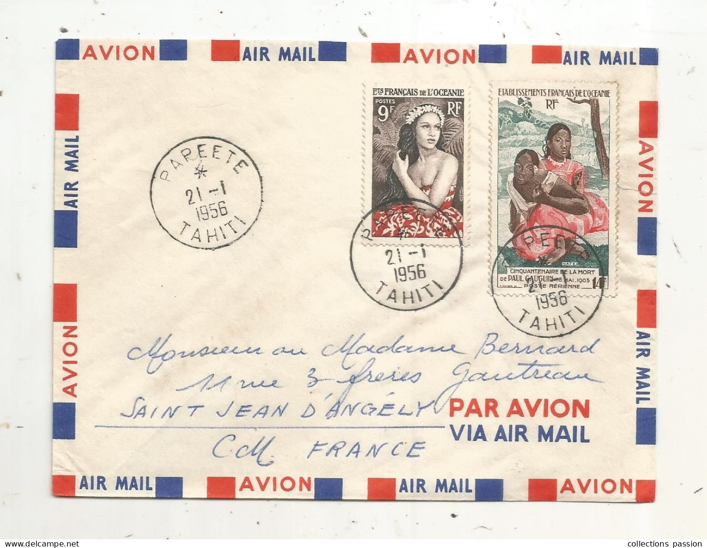 Lettre, ETABLISSEMENTS FRANCAIS DE L'OCEANIE, Polynésie , PAPEETE, TAHITI, 21-1 1956, 2 Timbres - Lettres & Documents