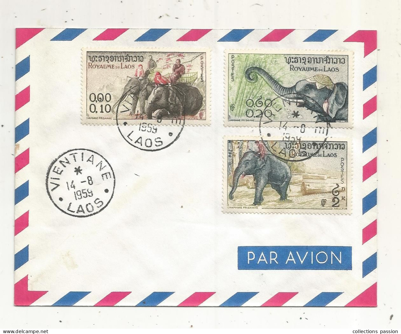 Lettre, LAOS, VIENTIANE, 14-8 1959, éléphants, 3 Timbres - Laos